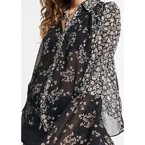 Free People Size S Serena Floral Bell Sleeve Top Black